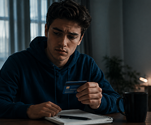 Jongen Kijkt Somber Naar Bankpas