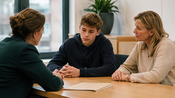 jongen met hulpverlener en moeder aan tafel