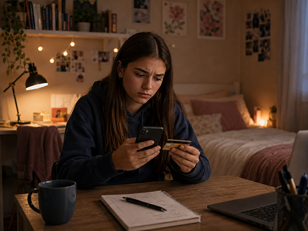 Meisje Op Slaapkamer Kijkt Op Telefoon