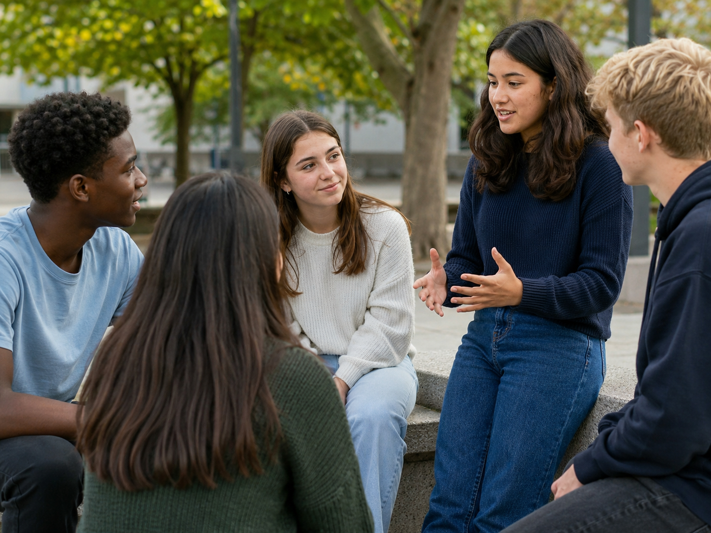groep jongeren buiten in gesprek